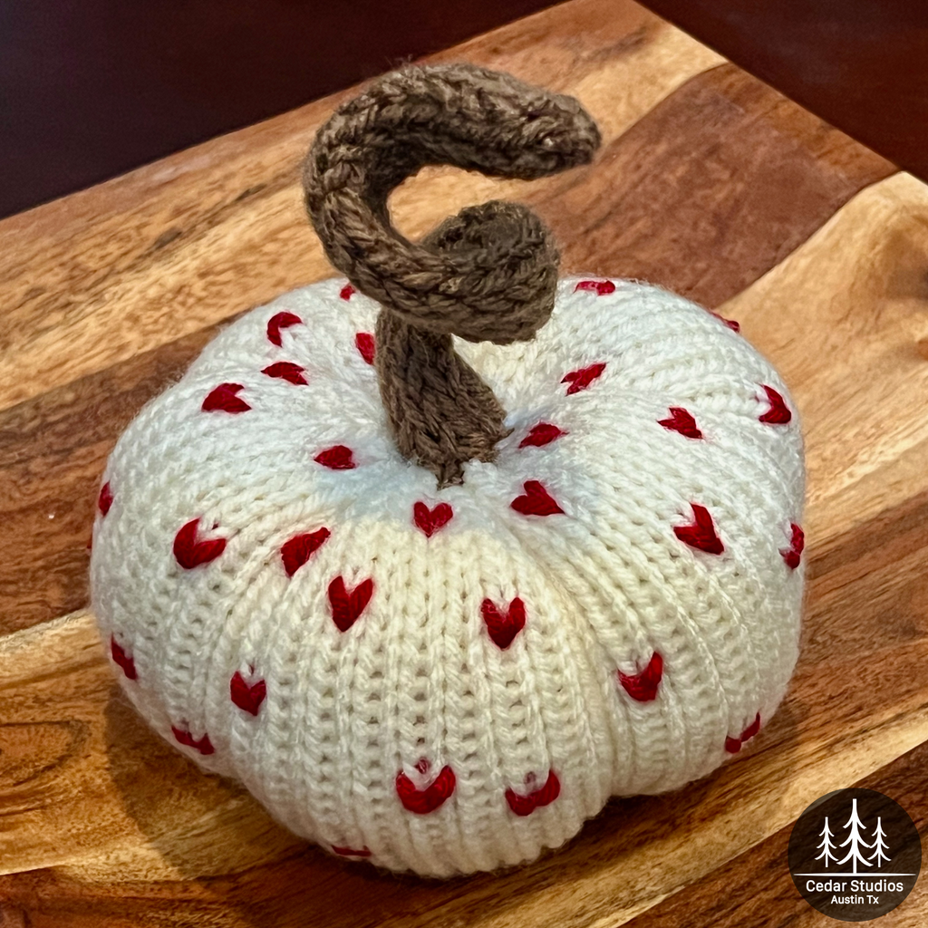 Hand-Knit Heart-Adorned Pumpkin w/Wood Sweetheart Charm