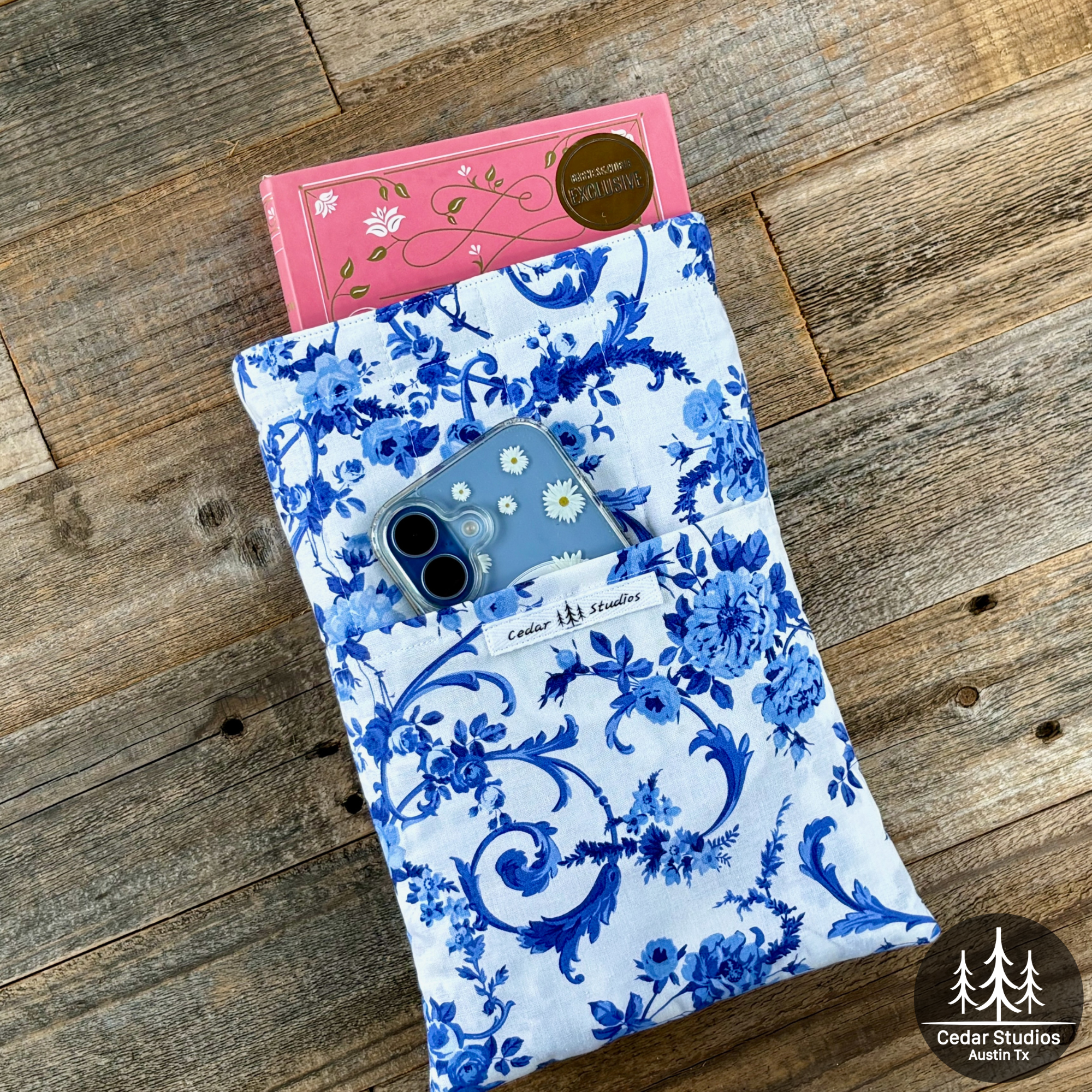 Handmade Quilted Medium Book Sleeve – Blue-tiful