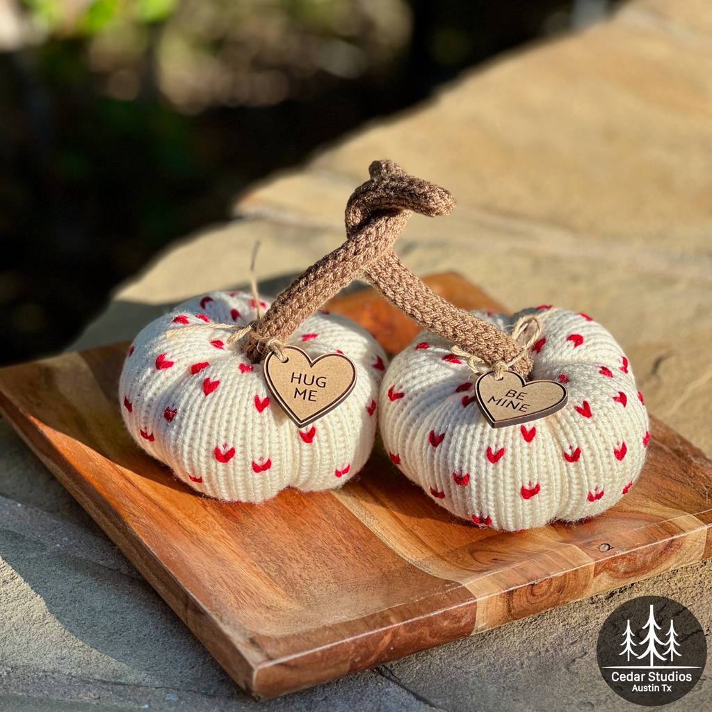 Hand-Knit Heart-Adorned Pumpkin w/Wood Sweetheart Charm
