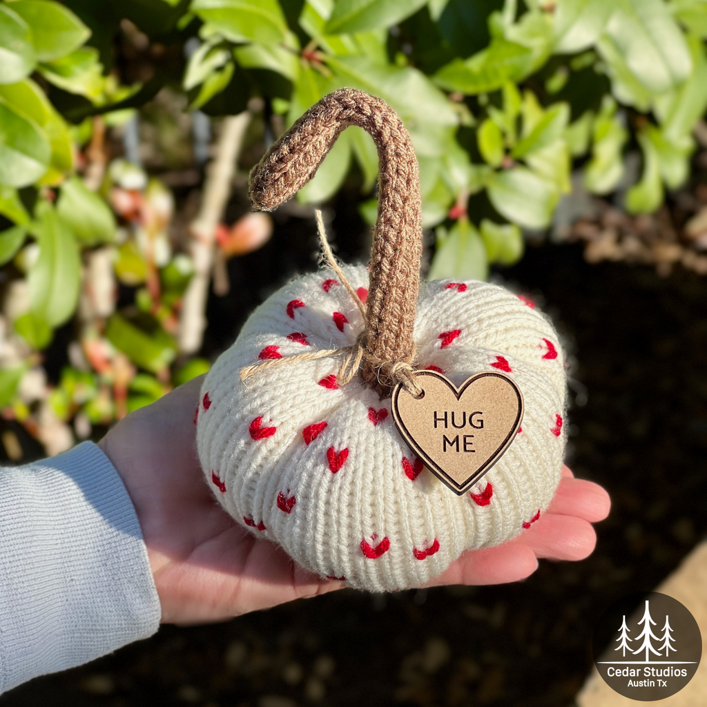 Hand-Knit Heart-Adorned Pumpkin w/Wood Sweetheart Charm